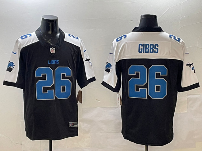 Men's Detroit Lions #26 Jahmyr Gibbs Black/White F.U.S.E. 2024 Michigan Patch Vapor Limited Stitched Jersey